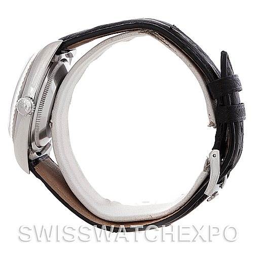 The image shows a side view of a Rolex Datejust 16234 Men's Stainless Steel Silver Dial 16234 Men's Stainless Steel Silver Dial watch, highlighting its crown, case, and leather strap.