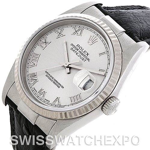 The image shows a Rolex Datejust 16234 Men's Stainless Steel Silver Dial 16234 Men's Stainless Steel Silver Dial watch, highlighting the dial, bezel, crown, and part of the leather strap at an angled top view.