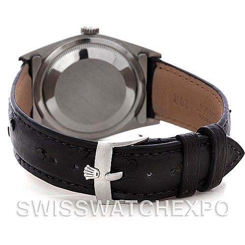 The image shows the back of a Rolex Datejust 16234 Men's Stainless Steel Silver Dial 16234 Men's Stainless Steel Silver Dial watch, highlighting the case back and leather strap with the clasp visible.