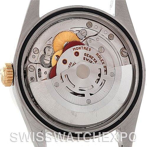 The image shows the back view of a Rolex Datejust 16233 Men's Steel and Gold (two tone) White Dial 16233 Men's Steel and Gold (two tone) White Dial watch case, revealing its internal mechanical movement components.