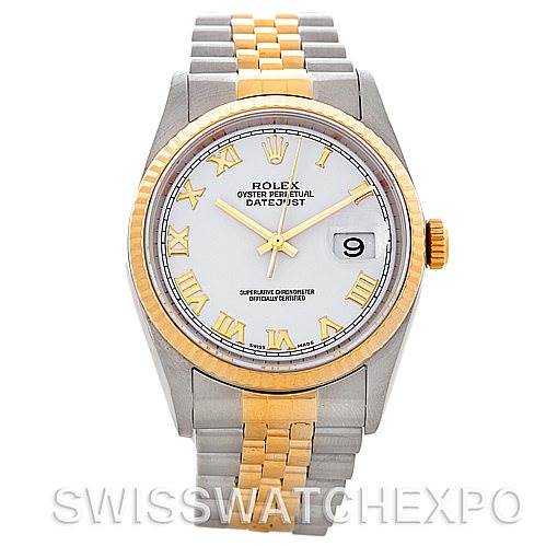 This image shows a front view of a Rolex Datejust 16233 Men's Steel and Gold (two tone) White Dial 16233 Men's Steel and Gold (two tone) White Dial watch, displaying the dial, bezel, crown, and bracelet.