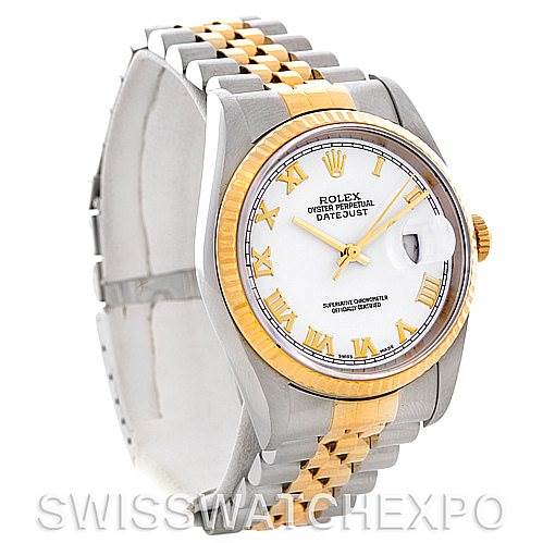 This image showcases a Rolex Datejust 16233 Men's Steel and Gold (two tone) White Dial 16233 Men's Steel and Gold (two tone) White Dial model watch at a front-left angled view, highlighting its white dial, two-tone bracelet, and fluted bezel.