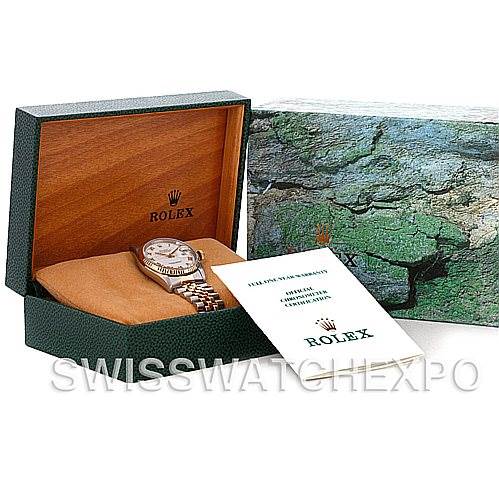 The image shows a Rolex Datejust 16233 Men's Steel and Gold (two tone) White Dial 16233 Men's Steel and Gold (two tone) White Dial watch in its box, accompanied by the original paperwork and outer packaging.