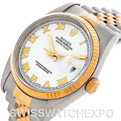 The image shows a side and face view of a Rolex Datejust 16233 Men's Steel and Gold (two tone) White Dial 16233 Men's Steel and Gold (two tone) White Dial watch, including the bezel, crown, bracelet, and dial.