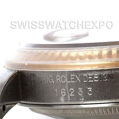 The image shows a close-up side view of the watch case for a Rolex Datejust 16233 Men's Steel and Gold (two tone) White Dial 16233 Men's Steel and Gold (two tone) White Dial model, highlighting the engraving with the model number 16233.