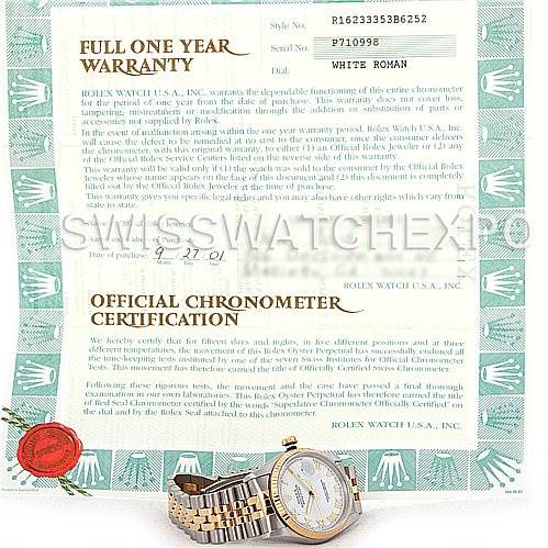 This image shows a warranty and certification document along with a Rolex Datejust 16233 Men's Steel and Gold (two tone) White Dial 16233 Men's Steel and Gold (two tone) White Dial watch positioned at the bottom center.