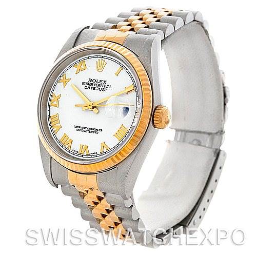 This image shows a Rolex Datejust 16233 Men's Steel and Gold (two tone) White Dial 16233 Men's Steel and Gold (two tone) White Dial watch at a three-quarter angle, highlighting its two-tone bracelet and the dial with Roman numerals.