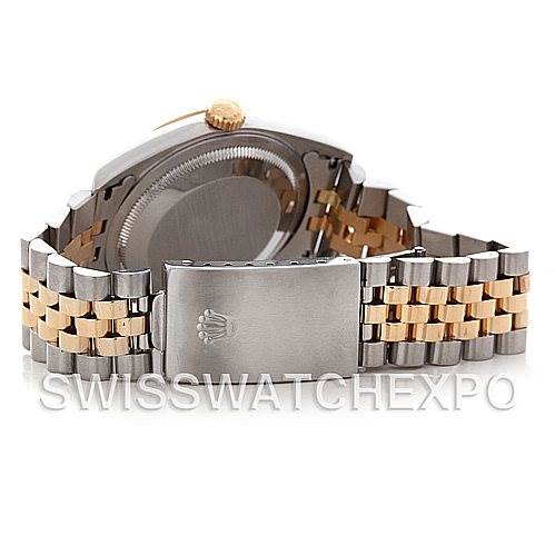 This image shows the back, clasp, and bracelet of a Rolex Datejust 16233 Men's Steel and Gold (two tone) White Dial 16233 Men's Steel and Gold (two tone) White Dial watch.