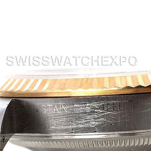 The image shows a close-up side view of the case and bezel of a Rolex Datejust 16233 Men's Steel and Gold (two tone) White Dial 16233 Men's Steel and Gold (two tone) White Dial watch, highlighting its stainless steel and model number.