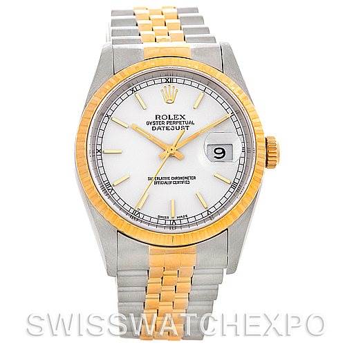 The image shows a front view of a Rolex Datejust 16233 Men's Steel and Gold (two tone) White Dial 16233 Men's Steel and Gold (two tone) White Dial watch, highlighting the dial, bezel, and bracelet.