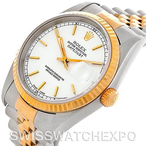 The image shows the face and part of the bracelet of a Rolex Datejust 16233 Men's Steel and Gold (two tone) White Dial 16233 Men's Steel and Gold (two tone) White Dial watch, featuring a two-tone design and fluted bezel.