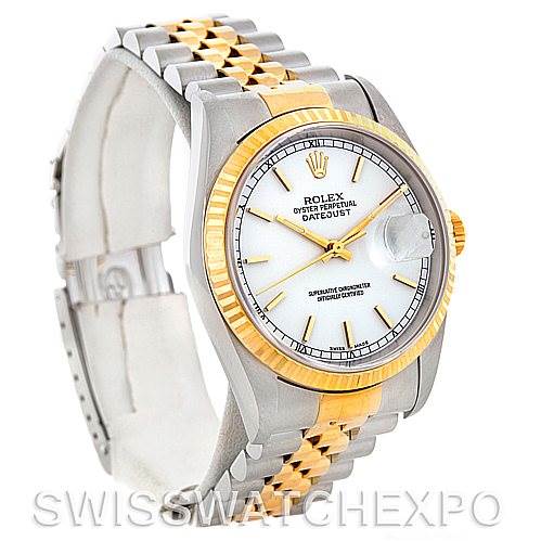 This image shows a Rolex Datejust 16233 Men's Steel and Gold (two tone) White Dial 16233 Men's Steel and Gold (two tone) White Dial watch at a three-quarter angle, highlighting the two-tone bracelet, fluted bezel, and white dial with date window.