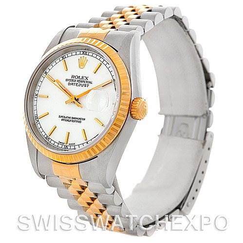 The image shows a side angle of a Rolex Datejust 16233 Men's Steel and Gold (two tone) White Dial 16233 Men's Steel and Gold (two tone) White Dial watch, highlighting its two-tone bracelet, bezel, and dial.