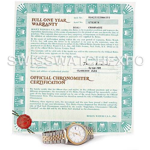 The image shows a Rolex Datejust 16233 Men's Steel and Gold (two tone) White Dial 16233 Men's Steel and Gold (two tone) White Dial watch along with its warranty and chronometer certification documents.