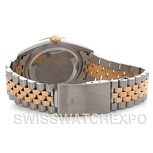 The image shows the back view of a Rolex Datejust 16233 Men's Steel and Gold (two tone) White Dial 16233 Men's Steel and Gold (two tone) White Dial watch, clearly displaying its two-tone bracelet and clasp.