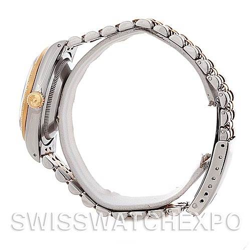 This image shows a side view of the Rolex Datejust 16233 Men's Steel and Gold (two tone) Black Dial 16233 Men's Steel and Gold (two tone) Black Dial watch, highlighting the bracelet and case.