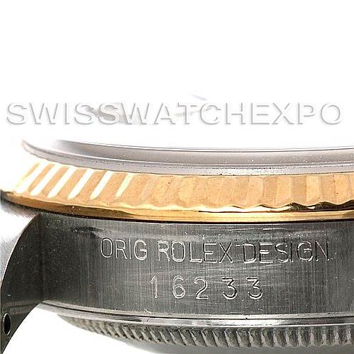 The image shows a side view of the Rolex Datejust 16233 Men's Steel and Gold (two tone) Black Dial 16233 Men's Steel and Gold (two tone) Black Dial watch, highlighting its model number 16233 and the engraved "ORIG ROLEX DESIGN" text.