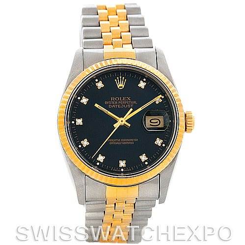 This is a front view of the Rolex Datejust 16233 Men's Steel and Gold (two tone) Black Dial 16233 Men's Steel and Gold (two tone) Black Dial watch, showcasing its dial, bezel, and bracelet.