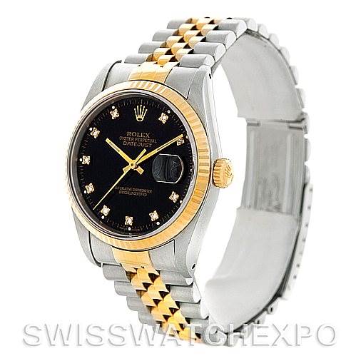 This image showcases a Rolex Datejust 16233 Men's Steel and Gold (two tone) Black Dial 16233 Men's Steel and Gold (two tone) Black Dial watch from a front angle, displaying the face, bezel, crown, and a portion of the Jubilee bracelet.