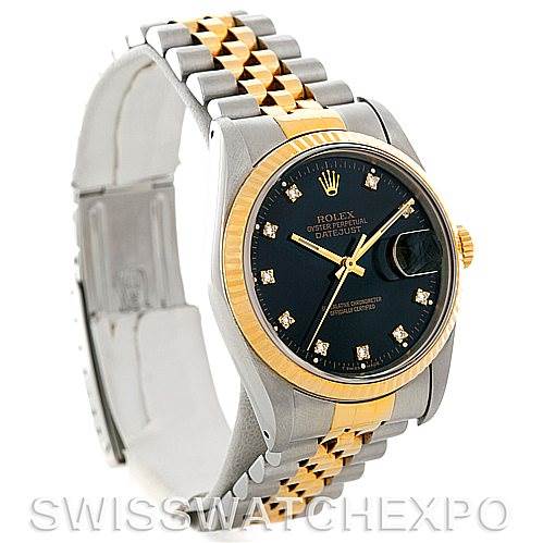 This image shows a Rolex Datejust 16233 Men's Steel and Gold (two tone) Black Dial 16233 Men's Steel and Gold (two tone) Black Dial watch at a three-quarter angle, highlighting its bracelet, bezel, and dial.