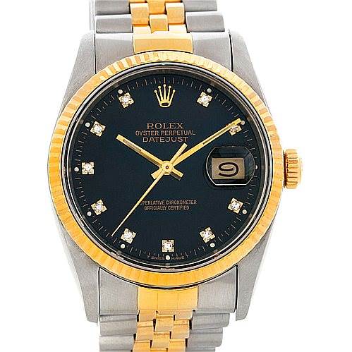 This image shows a frontal view of a Rolex Datejust 16233 Men's Steel and Gold (two tone) Black Dial 16233 Men's Steel and Gold (two tone) Black Dial watch, displaying the face, bezel, and bracelet.