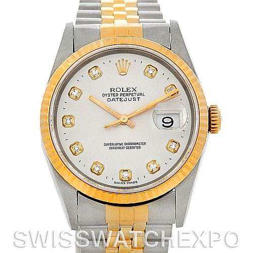 This image shows a front view of the Rolex Datejust 16233 Men's Steel and Gold (two tone) Silver Dial 16233 Men's Steel and Gold (two tone) Silver Dial watch, highlighting the dial, bezel, and two-tone bracelet.