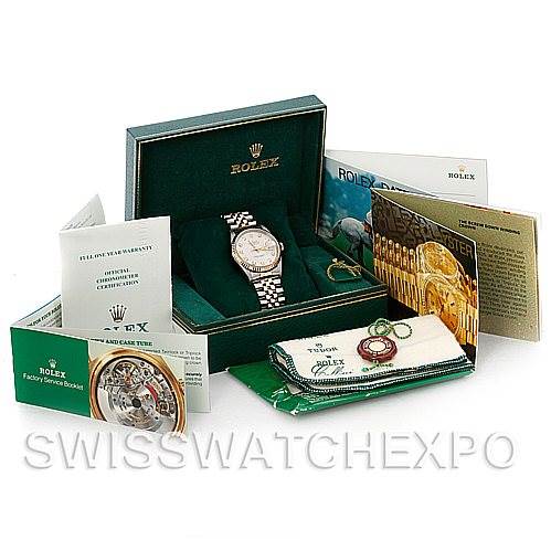 The image shows a complete Rolex Datejust 16233 Men's Steel and Gold (two tone) Silver Dial 16233 Men's Steel and Gold (two tone) Silver Dial package including the watch, green box, manuals, tags, and accessories.