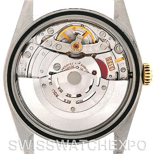 This image shows the internal mechanism of a Rolex Datejust 16233 Men's Steel and Gold (two tone) Silver Dial 16233 Men's Steel and Gold (two tone) Silver Dial watch from a top-down angle.