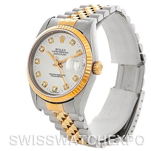 The image shows a Rolex Datejust 16233 Men's Steel and Gold (two tone) Silver Dial 16233 Men's Steel and Gold (two tone) Silver Dial watch at a three-quarters angle, highlighting its two-tone bracelet, dial, and fluted bezel.