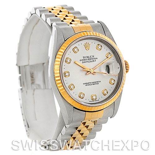 This image shows a Rolex Datejust 16233 Men's Steel and Gold (two tone) Silver Dial 16233 Men's Steel and Gold (two tone) Silver Dial watch at a front-left angle, highlighting its dial, bezel, and bracelet.