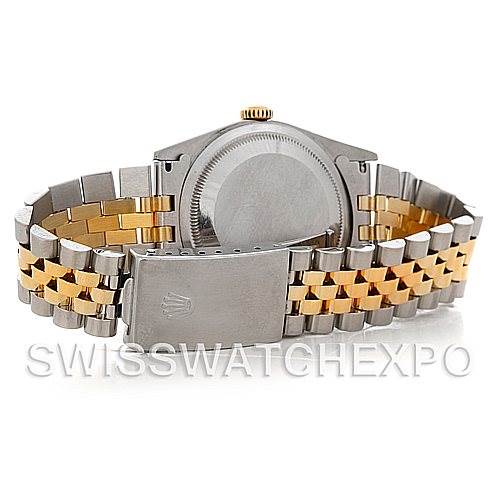 This image shows the back of a Rolex Datejust 16233 Men's Steel and Gold (two tone) Silver Dial 16233 Men's Steel and Gold (two tone) Silver Dial watch with a two-tone Jubilee bracelet.