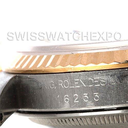 The image shows a close-up of the Rolex Datejust 16233 Men's Steel and Gold (two tone) Silver Dial 16233 Men's Steel and Gold (two tone) Silver Dial's side, focusing on the bezel and case with the model number 16233.