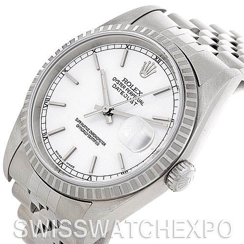 The Rolex Datejust 16220 Men's Stainless Steel Silver Dial 16220 Men's Stainless Steel Silver Dial watch is shown from a front angle, displaying the dial, crown, and part of the bracelet.