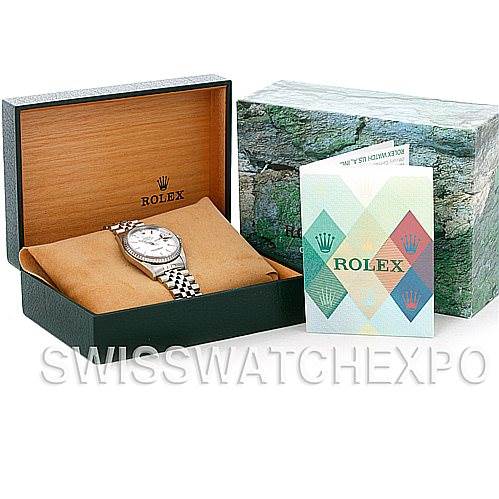 The image shows a Rolex Datejust 16220 Men's Stainless Steel Silver Dial 16220 Men's Stainless Steel Silver Dial watch inside an open box with an outer box and a booklet beside it.