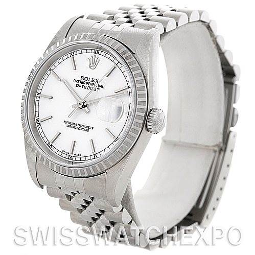 The image shows a Rolex Datejust 16220 Men's Stainless Steel Silver Dial 16220 Men's Stainless Steel Silver Dial watch from a front angle, displaying its dial, fluted bezel, crown, and bracelet.