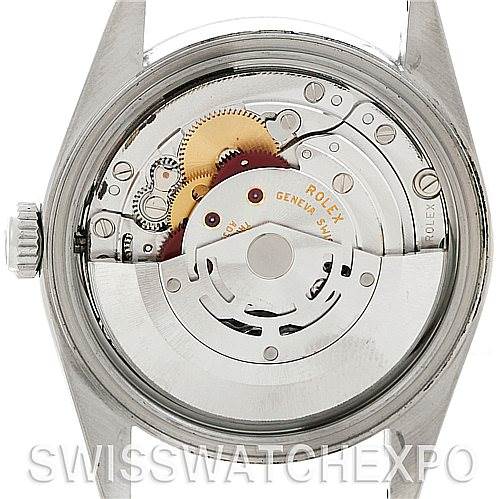 This image shows the back view of the Rolex Datejust 16220 Men's Stainless Steel Silver Dial 16220 Men's Stainless Steel Silver Dial watch, highlighting its internal movement and mechanisms.
