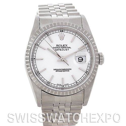 This image shows a front view of the Rolex Datejust 16220 Men's Stainless Steel Silver Dial 16220 Men's Stainless Steel Silver Dial watch, displaying its dial, bezel, and bracelet.