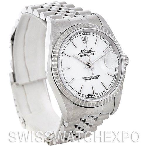This image shows a Rolex Datejust 16220 Men's Stainless Steel Silver Dial 16220 Men's Stainless Steel Silver Dial watch at a three-quarter angle, highlighting the face, bezel, and part of the bracelet.