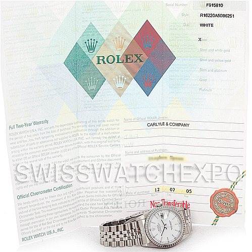 The image shows a Rolex Datejust 16220 Men's Stainless Steel Silver Dial 16220 Men's Stainless Steel Silver Dial watch placed in front of warranty papers and certification documents.