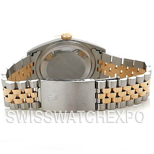 The image shows the back case and bracelet of the Rolex Datejust 16233 Men's Steel and Gold (two tone) White Dial 16233 Men's Steel and Gold (two tone) White Dial watch, featuring a two-tone metal design.