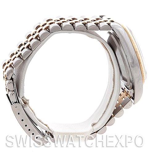 The image shows a side profile of a Rolex Datejust 16233 Men's Steel and Gold (two tone) White Dial 16233 Men's Steel and Gold (two tone) White Dial watch, highlighting the case, bezel, bracelet, and clasp.