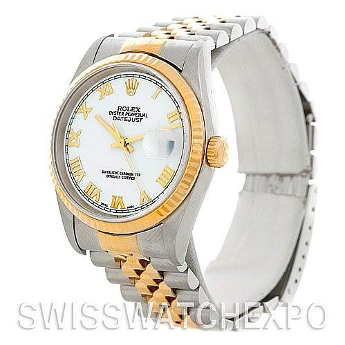 The image shows a Rolex Datejust 16233 Men's Steel and Gold (two tone) White Dial 16233 Men's Steel and Gold (two tone) White Dial watch at a three-quarter angle, highlighting the face, bezel, crown, and two-tone bracelet.