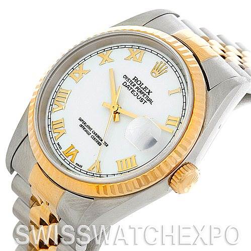 The image shows a Rolex Datejust 16233 Men's Steel and Gold (two tone) White Dial 16233 Men's Steel and Gold (two tone) White Dial watch from an oblique angle, highlighting the face, bezel, and bracelet.