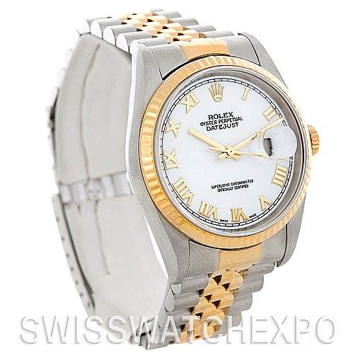 This image shows a Rolex Datejust 16233 Men's Steel and Gold (two tone) White Dial 16233 Men's Steel and Gold (two tone) White Dial watch angled to display the face, bezel, and bracelet in close-up detail.