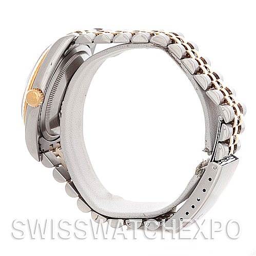 The image shows a side view of a Rolex Datejust 16233 Men's Steel and Gold (two tone) White Dial 16233 Men's Steel and Gold (two tone) White Dial watch, highlighting the bezel, crown, and bracelet.