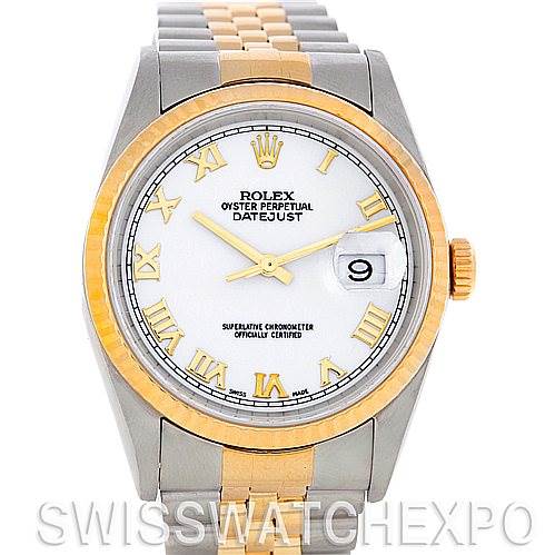 This image shows a Rolex Datejust 16233 Men's Steel and Gold (two tone) White Dial 16233 Men's Steel and Gold (two tone) White Dial watch from a front angle, highlighting its dial, bezel, hands, and part of the bracelet.