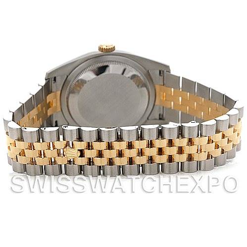 This image shows the back view of a Rolex Datejust 116233CSJ Men
s Stainless Steel Champagne Dial 116233CSJ Men
s Stainless Steel Champagne Dial watch, highlighting its two-tone bracelet and case back.