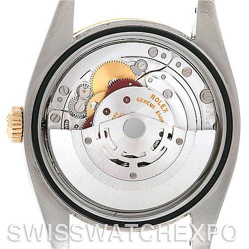 This image shows the back view of a Rolex Datejust 116233CSJ Men
s Stainless Steel Champagne Dial 116233CSJ Men
s Stainless Steel Champagne Dial watch, specifically highlighting the movement and internal mechanical components.