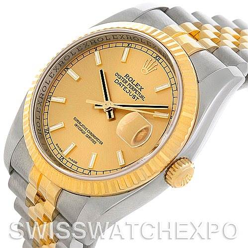 This image shows a close-up, angled view of a Rolex Datejust 116233CSJ Men
s Stainless Steel Champagne Dial 116233CSJ Men
s Stainless Steel Champagne Dial watch, highlighting the dial, crown, and two-tone bracelet.