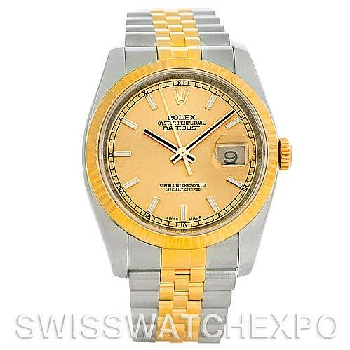 The image shows a front view of a Rolex Datejust 116233CSJ Men
s Stainless Steel Champagne Dial 116233CSJ Men
s Stainless Steel Champagne Dial watch featuring a two-tone bracelet, gold bezel, and champagne dial.